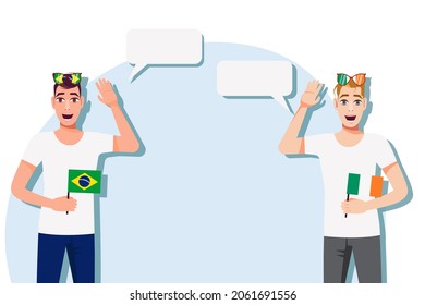Men with Brazilian and Irish flags. Background for the text. The concept of sports, political, education, travel and business relations between Brazil and Ireland. Vector illustration.