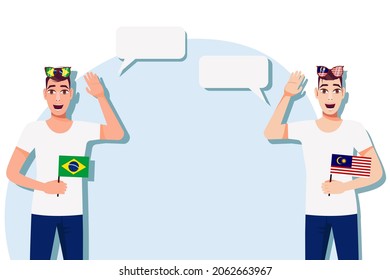 Men with Brazilian and Malaysian flags. The concept of international communication, education, sports, travel, business. Dialogue between Brazil and Malaysia. Vector illustration.