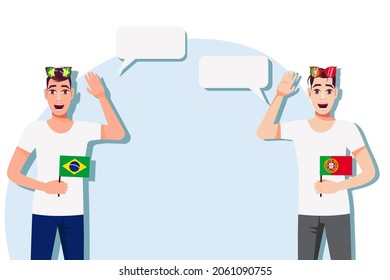 Men with Brazilian and Portuguese flags. Background for text. Communication between native speakers of Brazil and Portugal. Vector illustration.