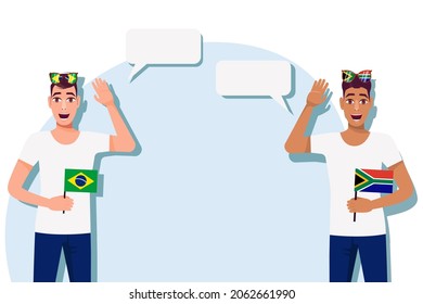 Men with Brazilian and South African flags. Background for text. Communication between native speakers of Brazil and South Africa. Vector illustration.