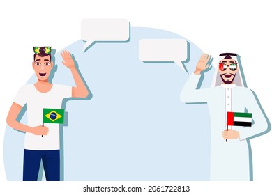 Men with Brazilian and UAE flags. Background for the text. Communication between native speakers of the language. Vector illustration.