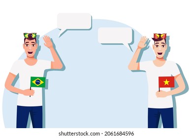 Men with Brazilian and Vietnamese flags. Background for text. Communication between native speakers of Brazil and Vietnam. Vector illustration.