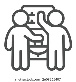 Men with briefcase and control panel line icon, electrician service concept. Vector graphics. Electricians, safety sign on white background, outline style icon for mobile or web design