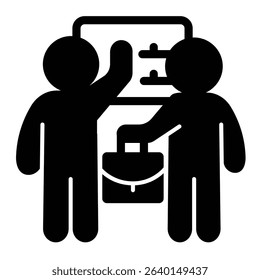 Men with briefcase and control panel solid icon, electrician service concept. Vector graphics. People electrical safety sign on white background, style mobile or design