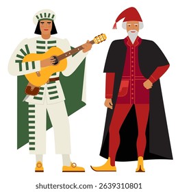 Men in Brigella costumes and Pantaloons depict Commedia dell'arte isolated on a white background. The main characters of the Italian folk comedy are drawn in a flat cartoon style. stock vector EPS 10.