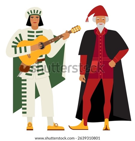 Men in Brigella costumes and Pantaloons depict Commedia dell'arte isolated on a white background. The main characters of the Italian folk comedy are drawn in a flat cartoon style. stock vector EPS 10.