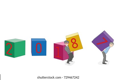 the men bring the figure 8 and take 7 on the dice by 2018 the new year. concept of New Year and Christmas holidays. vector illustration.