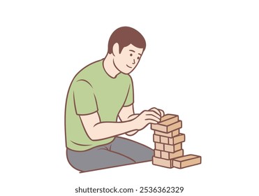 Men bring wooden bricks to play a wooden block game. Hand drawn style vector design illustrations.