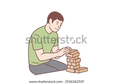 Men bring wooden bricks to play a wooden block game. Hand drawn style vector design illustrations.