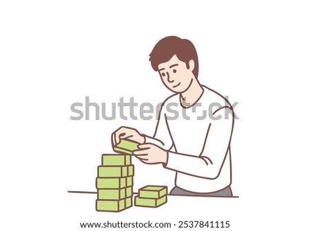 Men bring wooden bricks to play a wooden block game. Hand drawn style vector design illustrations.