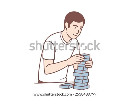 Men bring wooden bricks to play a wooden block game. Hand drawn style vector design illustrations.