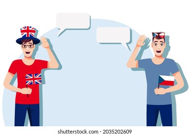 Men with British and Czech flags. The concept of international communication, education, sports, travel, business. Dialogue between the United Kingdom and Czech. Vector illustration.