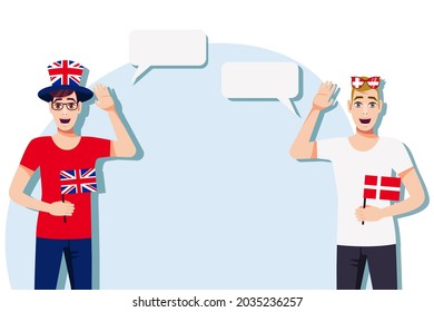 Men with British and Danish flags. The concept of international communication, education, sports, travel, business. Dialogue between the United Kingdom and Denmark. Vector illustration.