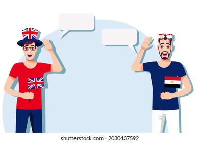 Men with British and Egyptian flags. Background for text. Communication between native speakers of the United Kingdom and Egypt. Vector illustration.