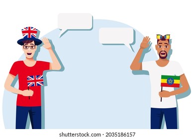 Men with British and Ethiopian flags. Background for the text. Communication between native speakers of the language. Vector illustration.