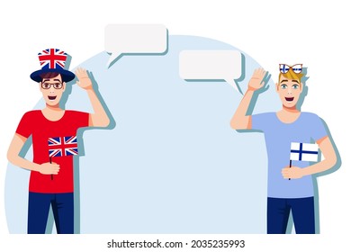 Men with British and Finnish flags. Background for text. Communication between native speakers of the United Kingdom and Finland. Vector illustration.