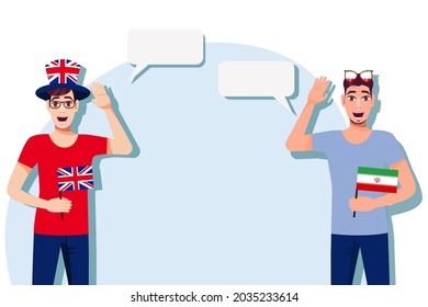 Men with British and Iranian  flags. The concept of international communication, education, sports, travel, business. Dialogue between the United Kingdom and Iran. Vector illustration.