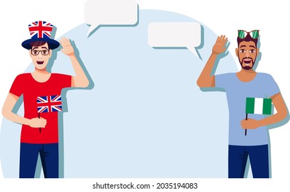 Men with British and Nigerian flags. The concept of international communication, education, sports, travel, business. Dialogue between the United Kingdom and Nigeria. Vector illustration.