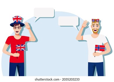 Men with British and Norwegian flags. Background for text. Communication between native speakers of the United Kingdom and Norway. Vector illustration. 