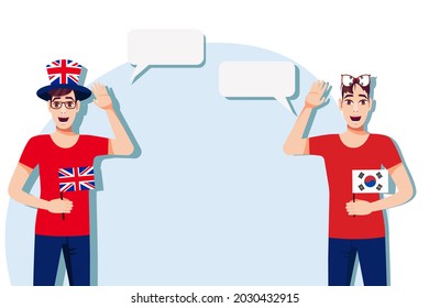 Men with British and South Korean flags. The concept of international communication, education, sports, travel, business. Dialogue between the United Kingdom and South Korea. Vector illustration.