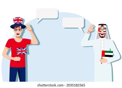 Men with British and UAE flags. Background for the text. Communication between native speakers of the language. Vector illustration.