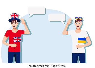Men with British and Ukrainian flags. The concept of international communication, education, sports, travel, business. Dialogue between the United Kingdom and Ukraine. Vector illustration.