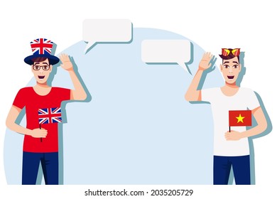 Men with British and Vietnamese flags. Background for text. Communication between native speakers of the United Kingdom and Vietnam. Vector illustration.