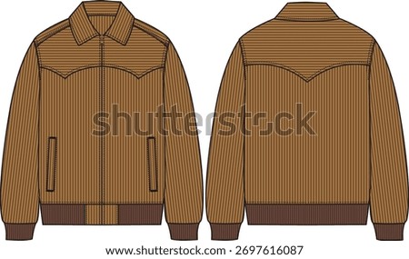 Men Brown Corduroy bomber jacket with western yokes, welt hand pockets, center front zipper closure, darker brown ribbed hem and cuff, shirt collar, sketch front and back, vector, outdoor, outerwear