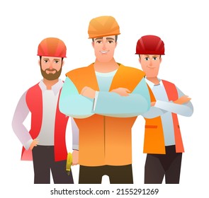 Men builder in vest and protective helmet. Guy worker. Cheerful person. Standing pose. Cartoon comic style flat design. Single character. Illustration isolated on white background. Vector.