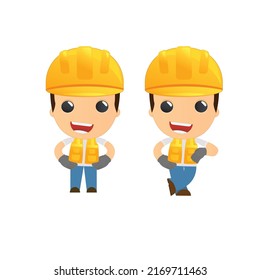 Men builder in vest and protective helmet. Guy worker. Cheerful person. Standing pose. Cartoon comic style flat design. Single character. Illustration isolated on white background. Vector.