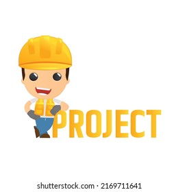 Men builder in vest and protective helmet. Guy worker. Cheerful person. Standing pose. Cartoon comic style flat design. Single character. Illustration isolated on white background. Vector.