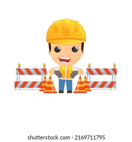 Men builder in vest and protective helmet. Guy worker. Cheerful person. Standing pose. Cartoon comic style flat design. Single character. Illustration isolated on white background. Vector.