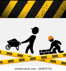 men builder wheelbarrow brick wall tape vector illustration eps 10