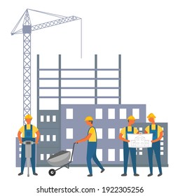 Herrenbauer in Uniform und Helm arbeiten mit Ausrüstung, sprechen über Zeichnungen von architektonischen Projekt auf Baugrund Hintergrund flach Vektorgrafik. Arbeiter bauen ein Haus mit einem Turmkran