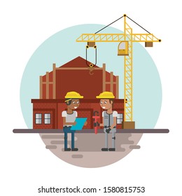 men builders working under construction scene vector illustration design