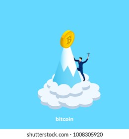 men in a business suit with a pick in the hand climbs to the top of the mountain for bitcoin, isometric image