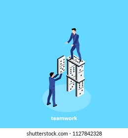 men in business suits build a domino building together, an isometric image