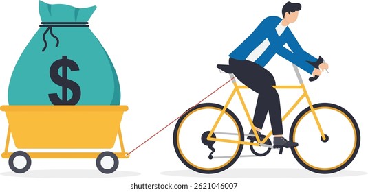 men in business suits carry a wheelbarrow with a bag of money,


