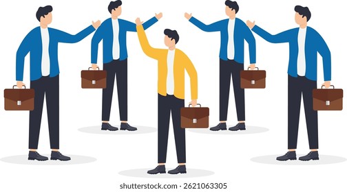 men in business suits criticize a different man from them in a white suit, an isometric image

