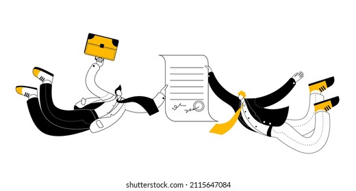 Men in business suits fly with a business document in their hands. Vector illustration on the topic of successful contract signing.