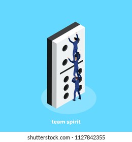 Men in business suits help each other to climb a big domino chip, an isometric image