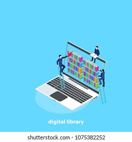 men in business suits and a laptop with bookshelves, isometric image