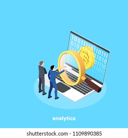 men in business suits look through a magnifying glass on the laptop screen, crypto currency bitcoin, isometric image