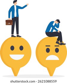 men in business suits on a background and smileys above them,
