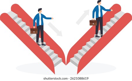 men in business suits on an escalator, career ladder

