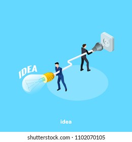 men in business suits plug the light into an outlet, an isometric image