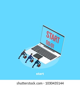 men in business suits prepared for the start of the race, a laptop with the time remaining until the start, an isometric image
