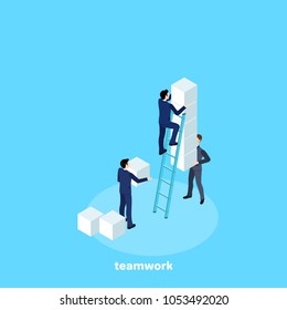 men in business suits raise large square blocks to the top of the structure, an isometric image