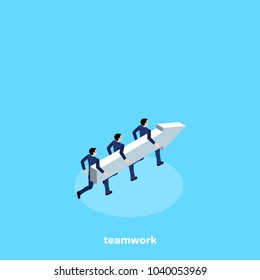 men in business suits run like one team with an arrow, an isometric image