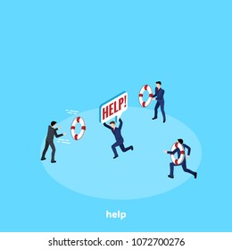 men in business suits rush to help their colleague, isometric image